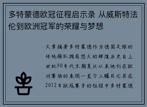 多特蒙德欧冠征程启示录 从威斯特法伦到欧洲冠军的荣耀与梦想