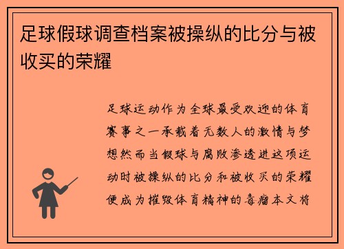 足球假球调查档案被操纵的比分与被收买的荣耀