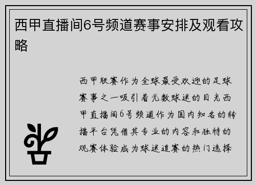 西甲直播间6号频道赛事安排及观看攻略